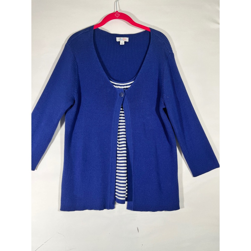 Denim & Co Ribbed 2-In-1 Striped Mock Layered Cardigan Sweater Women L Navy